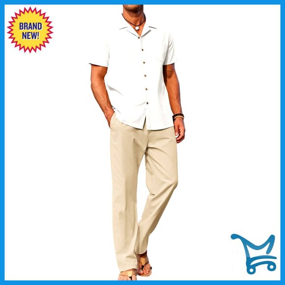 Men's Linen 2-Piece Set Button Down Shirt Loose Pants Beach Casual Outfit